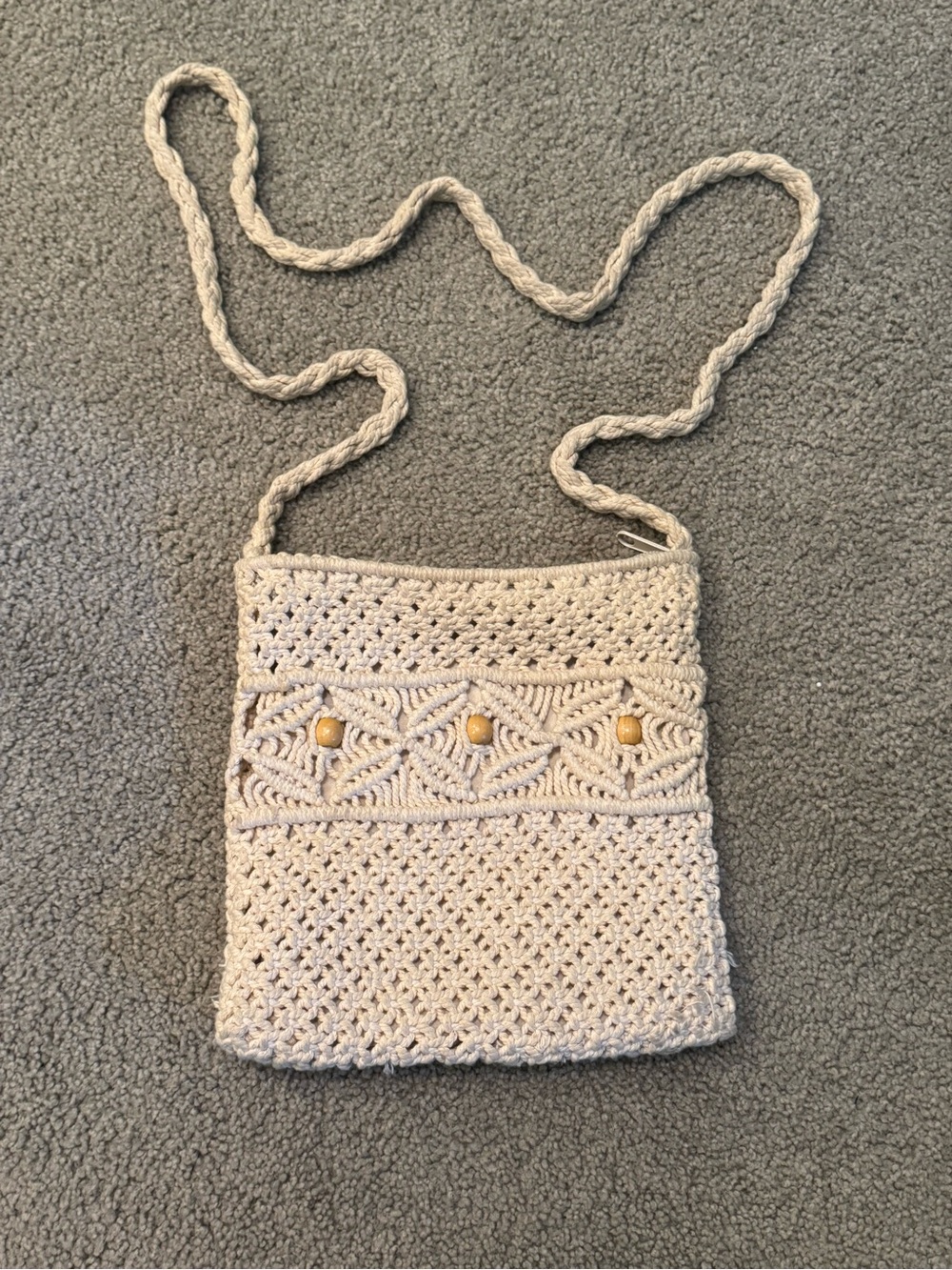 Y2K Crochet Macramé Beaded Cream Crossbody Bag Purse 100% Cotton